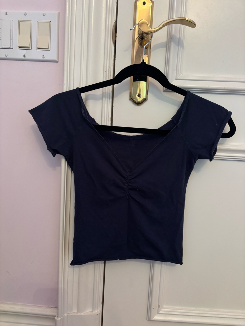 Brandy Melville Navy Ruched V-Neck Crop Top